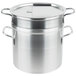 A silver Vollrath aluminum double boiler pot with two lids.