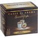 A box of 12 Caffe de Aroma Decaf Hazelnut Coffee single serve cups on a counter.