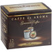 A box of 12 Caffe de Aroma Decaf French Vanilla coffee pods on a counter.