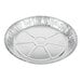 A close-up of a Baker's Mark extra deep round silver foil pie pan.