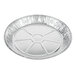 A close-up of a Baker's Mark extra deep round aluminum foil pie pan with a circular design.