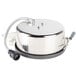 A silver stainless steel cooking pot with a black hose.