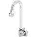 A chrome T&S wall mounted faucet with a swivel gooseneck spout.