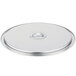A close-up of a silver Vollrath stainless steel lid with a round top.