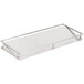A silver stainless steel rectangular tray with notched lids and white rectangular jars on a metal frame.