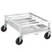 A Channel aluminum dolly with black wheels.