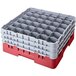 A red and gray plastic Cambro glass rack with trays and compartments.