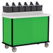 A green Lakeside condiment cart with black bins on top.