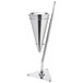 A silver stainless steel point-shaped wine bucket on a metal stand.