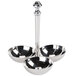 A three-tiered Eastern Tabletop stainless steel condiment holder with silver bowls.