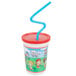 A white plastic kids cup with a curly straw and reusable lid.