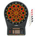 An Arachnid electronic dart board with a red and black center and darts in the center.