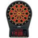 An Arachnid electronic dart board with a red and black target and numbers.