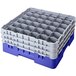 A blue plastic Cambro glass rack with 36 compartments and an extender.