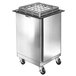 A Lakeside stainless steel mobile glass rack dispenser with enclosed sides on wheels.
