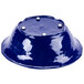 A cobalt blue melamine round serving bowl with white dots on the outside.