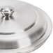 A close up of an American Metalcraft mini stainless steel lid with a metal handle.