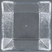 A clear square glass bowl with rain-splashed design.