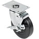 A metal swivel plate caster with a black wheel.