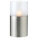 A silver Sterno metal lamp base with a white candle in it.