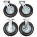 A set of 4 black and silver Rubbermaid industrial wheels with steel plates.