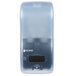 A clear plastic San Jamar Rely soap, sanitizer, and lotion dispenser with a logo on it.