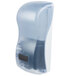 A San Jamar Rely Arctic Blue touchless soap dispenser with a black screen.