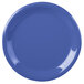 A close-up of a Carlisle Ocean Blue melamine plate with a white circle on the rim.