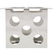 A stainless steel square metal container with holes for 4 bottles.