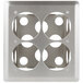 A stainless steel metal box with four holes.