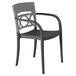 A charcoal gray plastic Grosfillex Moon armchair with a curved back.