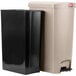 A tan Rubbermaid Slim Jim rectangular step-on trash can with a black lid.