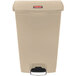 A tan Rubbermaid plastic rectangular trash can with a step-on lid.