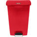 A red Rubbermaid Slim Jim step-on trash can.