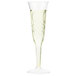 A Fineline clear plastic champagne flute with a white liquid in it.