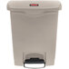 A Rubbermaid beige rectangular front step-on trash can.