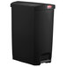 A black Rubbermaid Slim Jim end step-on trash can with lid.