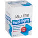 A white box with blue text reading "Blue Woven Adhesive Fingertip Bandage" and "50/Box"