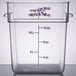 A clear Cambro CamSquares food storage container with purple lettering.
