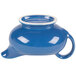 A blue ceramic gravy boat with a white rim and a handle.
