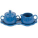 A blue ceramic Fiesta sugar and creamer tray set.