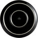 A black Tuxton pizza serving plate with white trim.