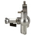 A close-up of a Micro Matic stainless steel beer growler filler with a stainless steel lever.