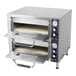 A stainless steel Waring countertop pizza oven with two doors open.