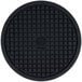 A black round heat-resistant silicone trivet with a grid pattern.