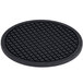 A close-up of a black round heat-resistant silicone trivet with a grid pattern.
