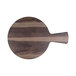 A round faux hickory wood serving board with a handle.