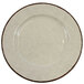 A close-up of a white Elite Global Solutions melamine plate with a brown crackle rim.