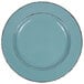 An Elite Global Solutions Cameo Blue melamine plate with brown trim.