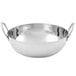 An American Metalcraft stainless steel balti bowl with handles.